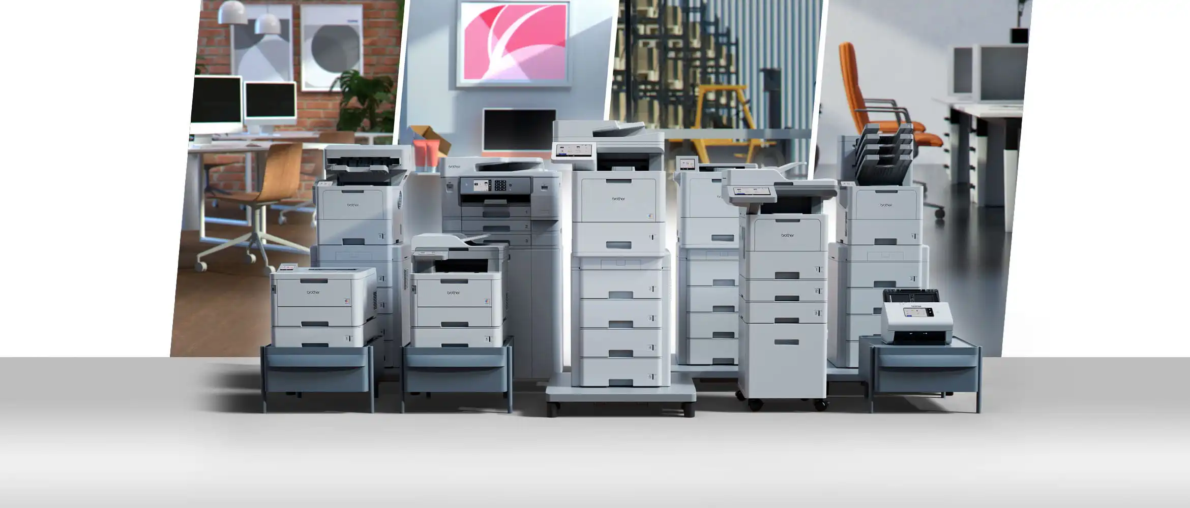 Range of printers and scanners with chairs in the background