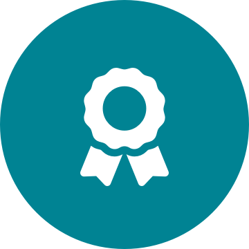 White compliance award icon on a round teal background