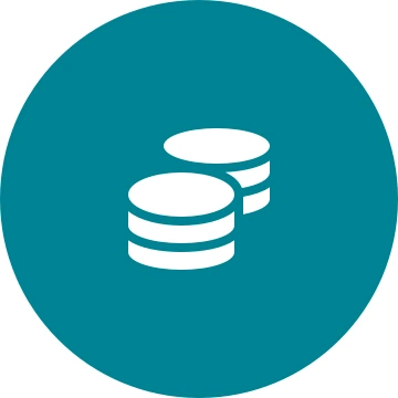 White coins icon on a round teal background