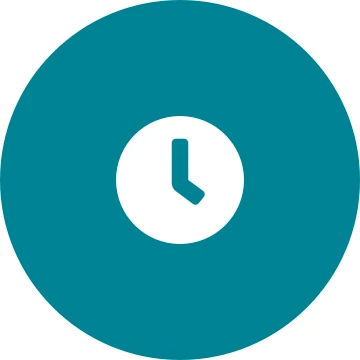 White clock icon on a round teal background