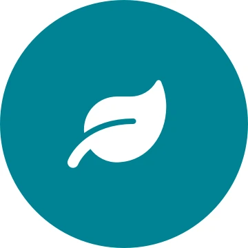 White leaf icon on a round teal background
