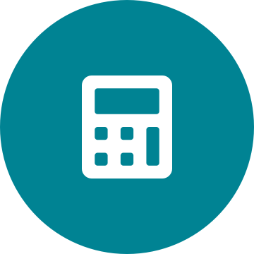 White budget calculator icon on a round teal background