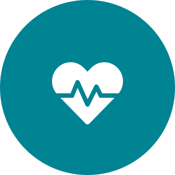White increased lifespan heartbeat icon on a round teal background