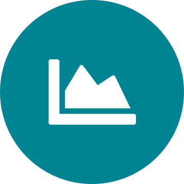 White reduced volume chart icon on a round teal background