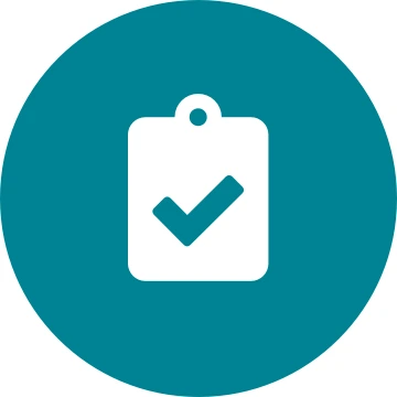 White clipboard check icon on a round teal background