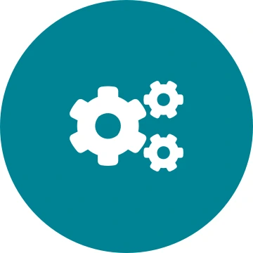 White cogs icon on a round teal background