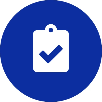 White clipboard check icon on a round dark blue background
