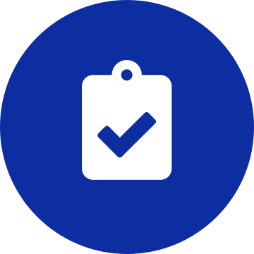 White clipboard check icon on a round dark blue background