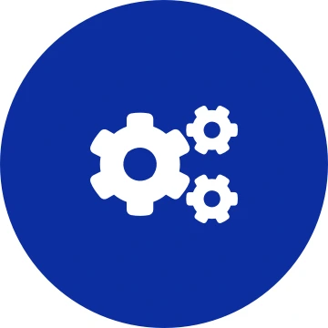 White cogs icon on a round dark blue background