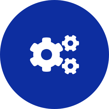White cogs icon on a round dark blue background