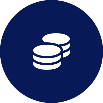 White coins icon on a round dark blue background
