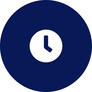 White clock icon on a round dark blue background