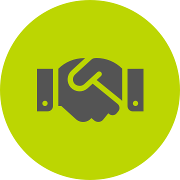 Grey handshake icon on a round spring green background
