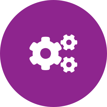 White cogs icon on a round purple background