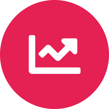 White chart line icon on a round crimson background