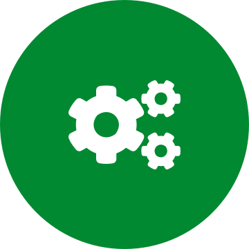 White cogs icon on a round green background