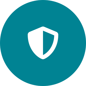 White shield icon on a round teal background