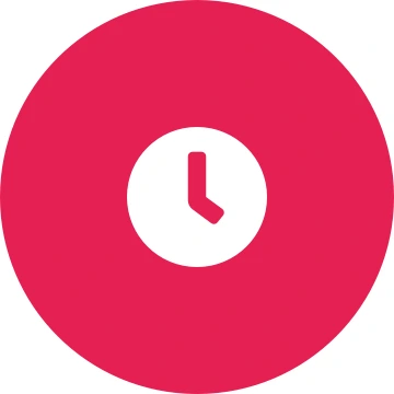 White clock icon on a round crimson background