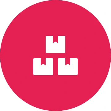 White stacked boxes icon on a round crimson background