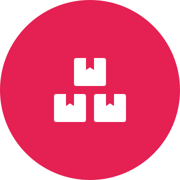 White stacked boxes icon on a round crimson background