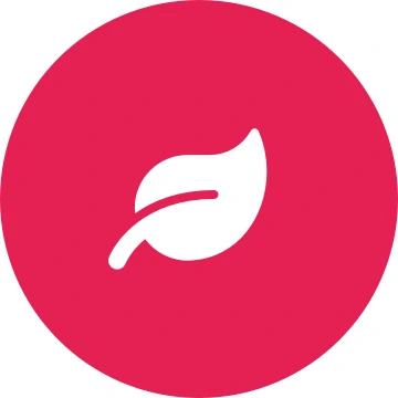 White leaf icon on a round crimson background