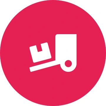 White truck delivery icon on a round crimson background