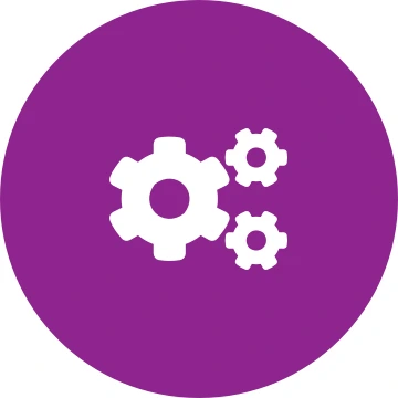 White cogs icon on a round purple background