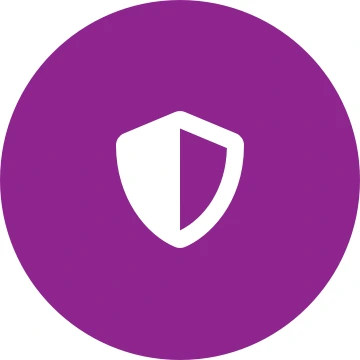 White shield icon on a round purple background
