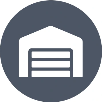 Grey circle with white warehouse icon