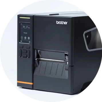 Black label printer with label being printed, black menu screen, white icons, boxes