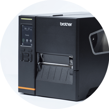 Black label printer with label being printed, black menu screen, white icons, boxes