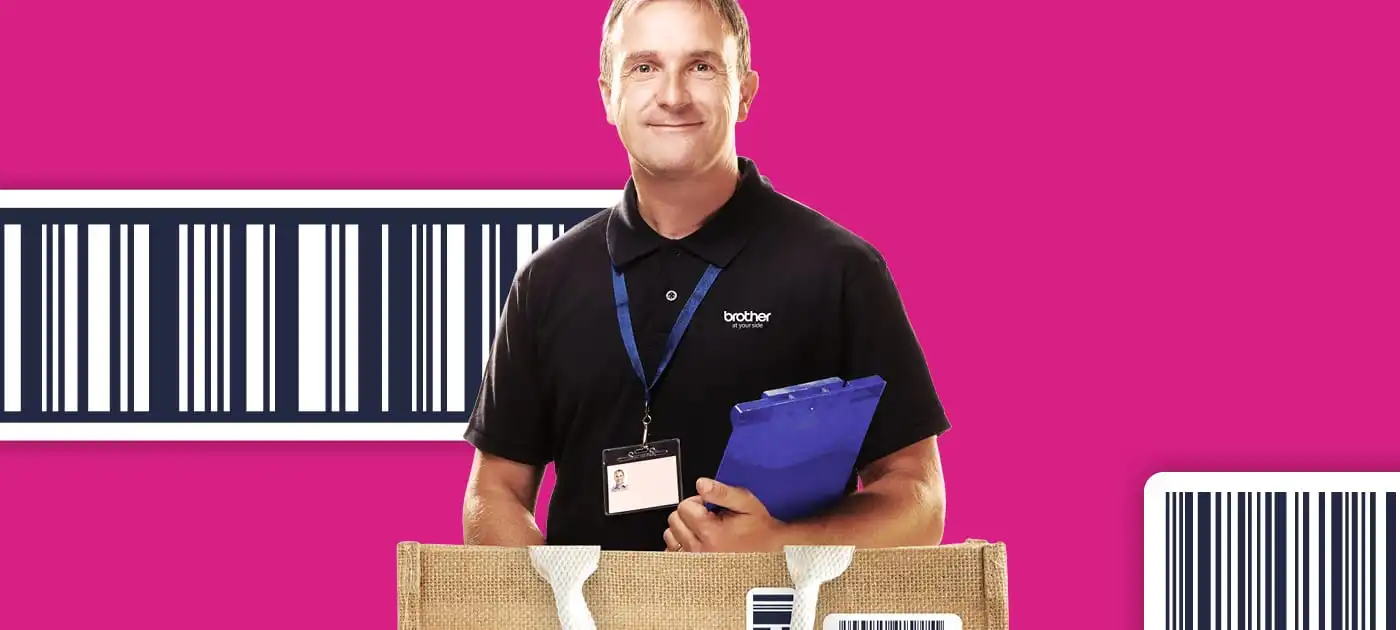 A male retail worker wearing a lanyard and holding a clipboard with an eco shopping bag in the foreground, superimposed on a barcode illustrated crimson background