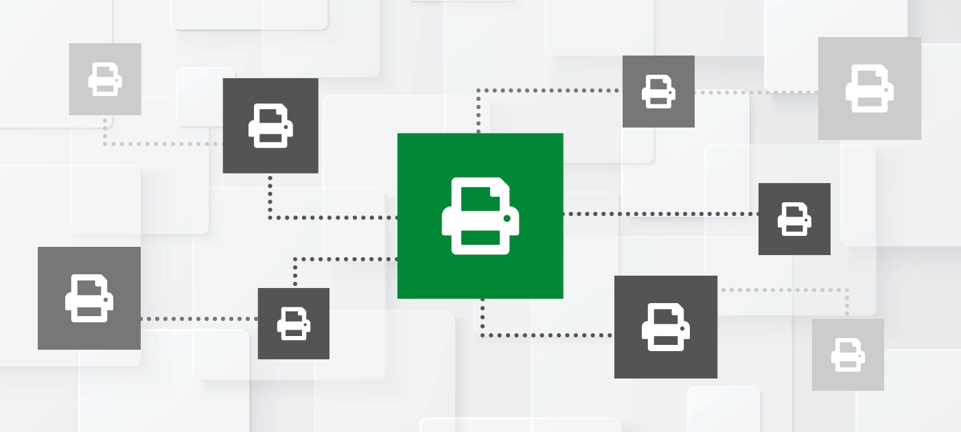 Meerdere afbeeldingen van printerpictogrammen op een grijze achtergrond met een groene achtergrond in het midden