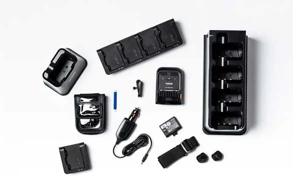 Lichtgewicht RJ mobiele printer met reeks accessoires op witte achtergrond