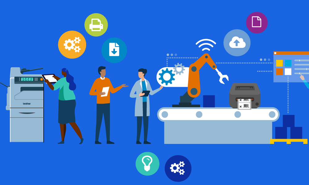 Animated men and women stood around a printer, production line and flip chart
