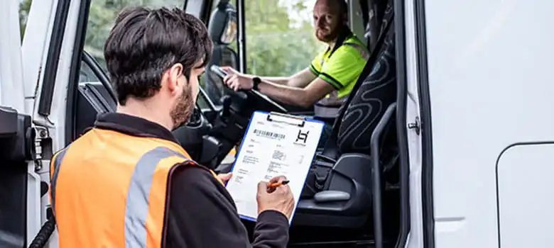 In vehicle printing of permit, man in orange high visibility vest